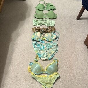 Greens and blue bras and panties.